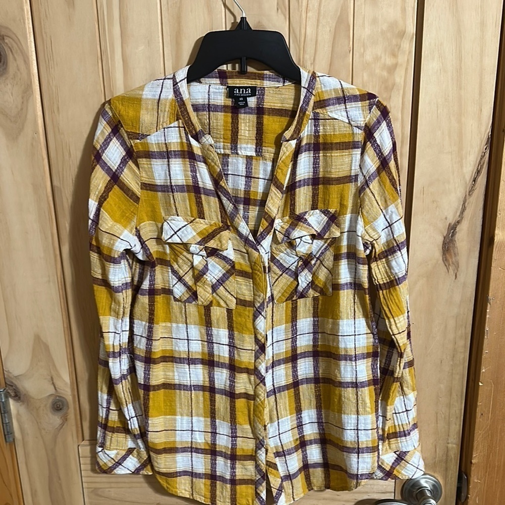 a.n.a Madras Plaid Yellow and Purple V neck Shirt